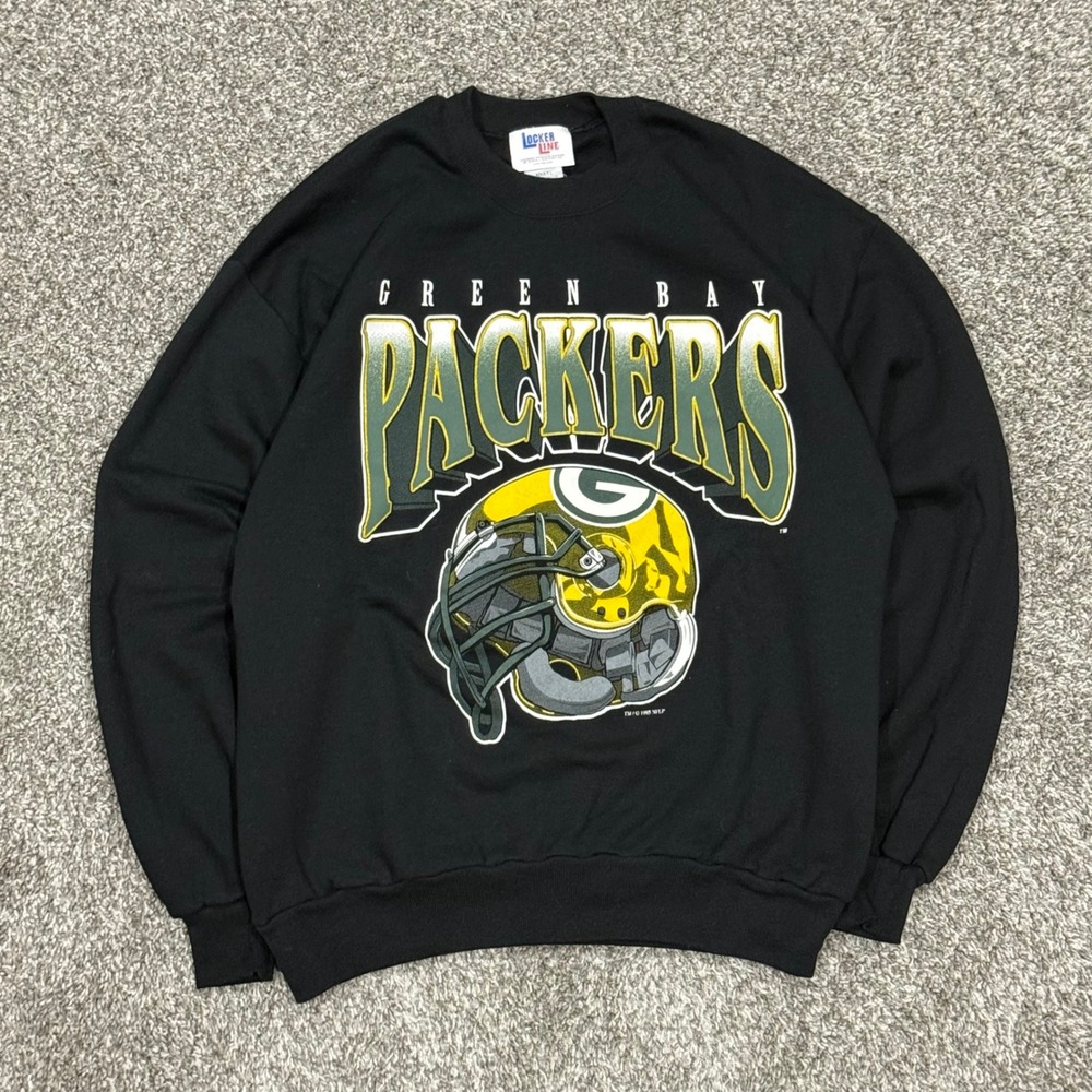 Vintage 90s Green Bay‎ Packers Locker Line Sweatshirt Mens L Helmet Graphic USA